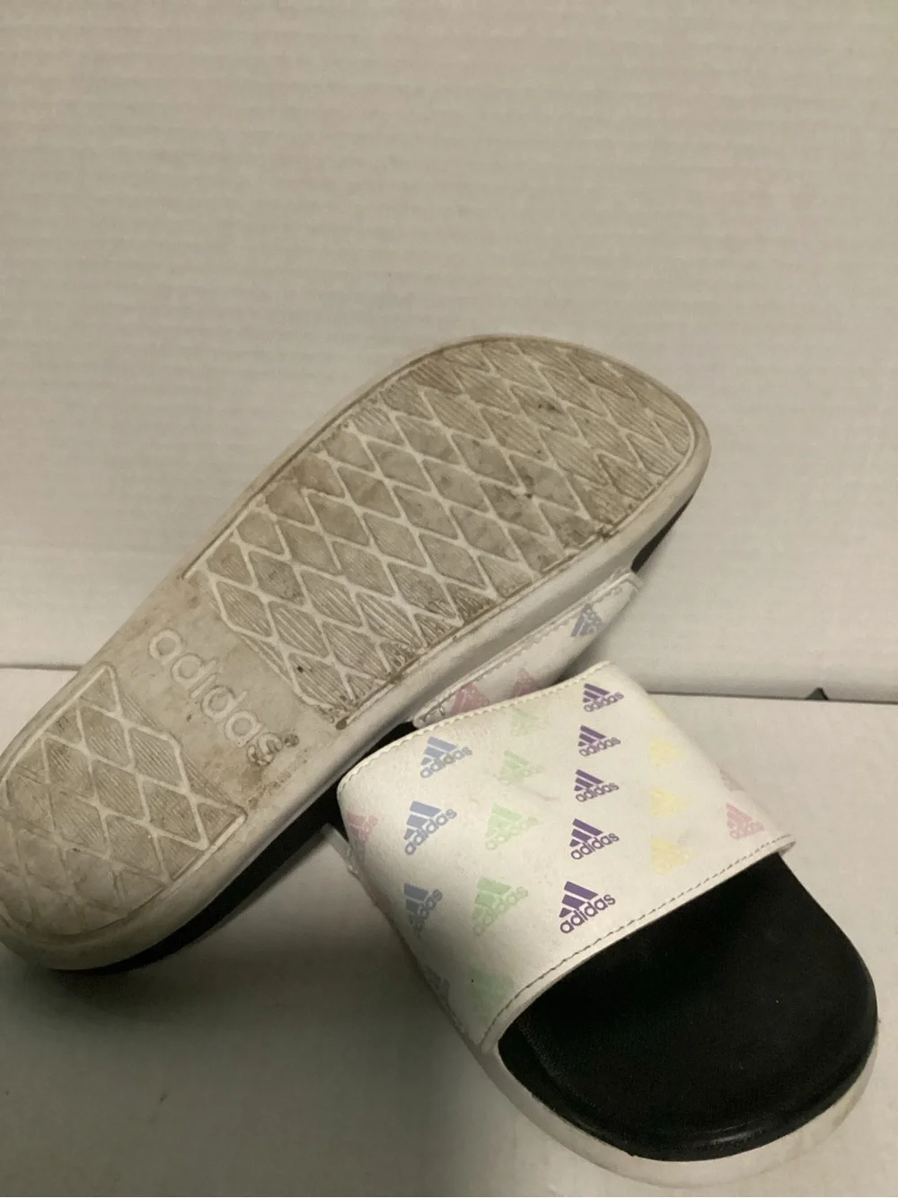 adidas White Slide Sandals with Pastel Logo Print Kids US 4
